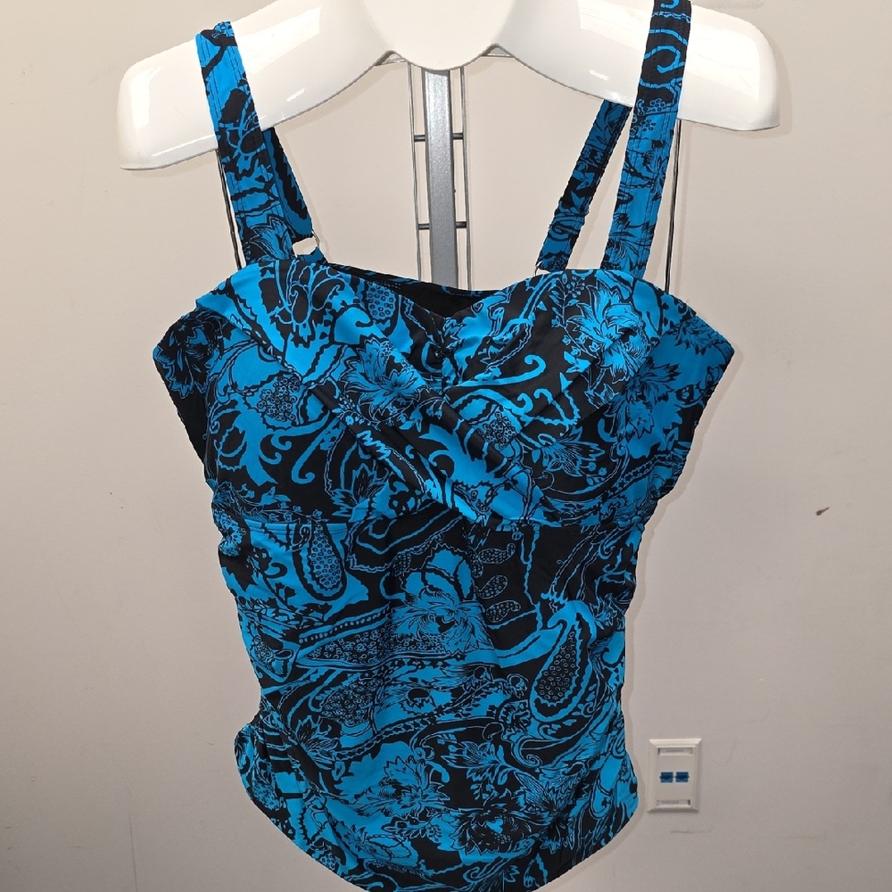 Blue Floral Print Women's Swim Tank Top